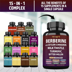 StrongVit primeros planos de berberina, canela y cúrcuma como ingredientes