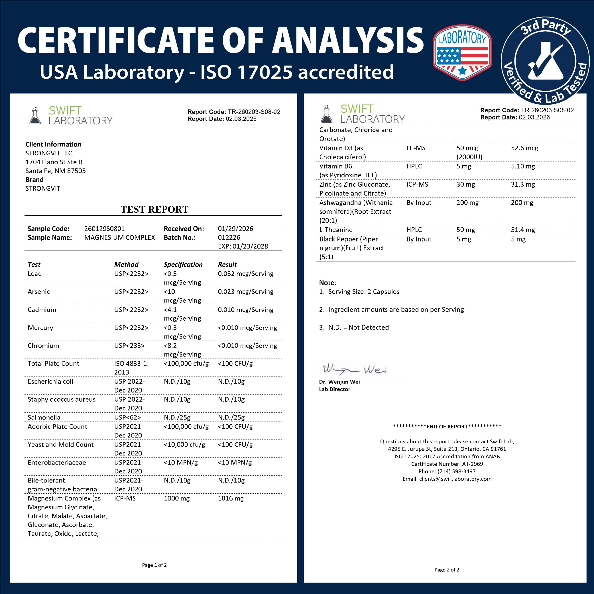 Certificado de laboratorio independiente que valida pureza y potencia StrongVit