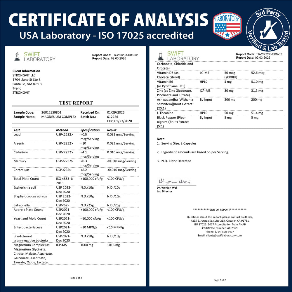 Certificado de laboratorio independiente que valida pureza y potencia StrongVit