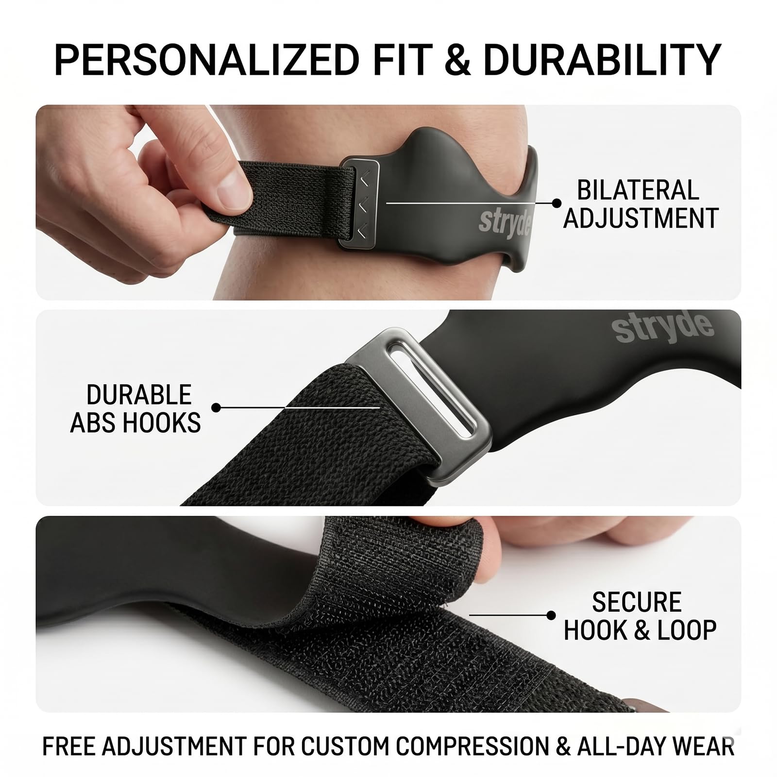 Stryde Strap etiqueta con materiales que destaca elasticidad y durabilidad