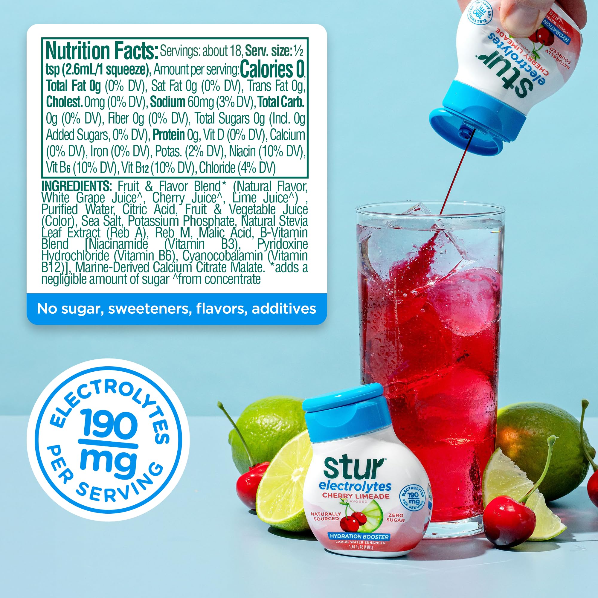 Botella de agua mezclada con Stur Cherry Limeade en uso para hidratación rápida