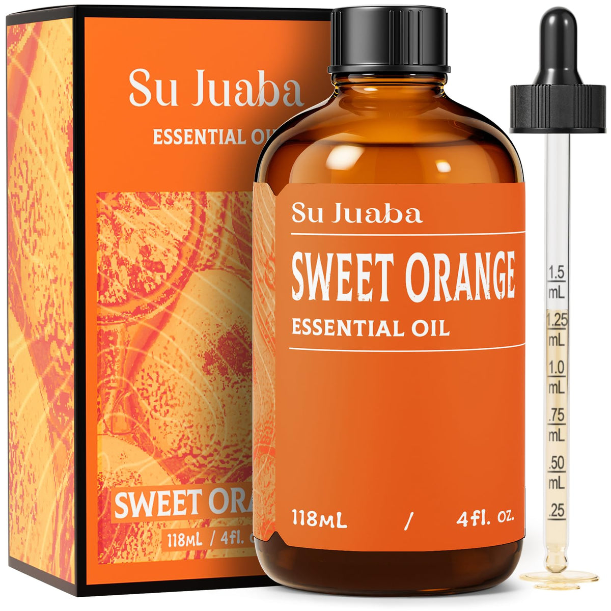 SU JUABA frasco ámbar de aceite de naranja mostrando protección y conservación