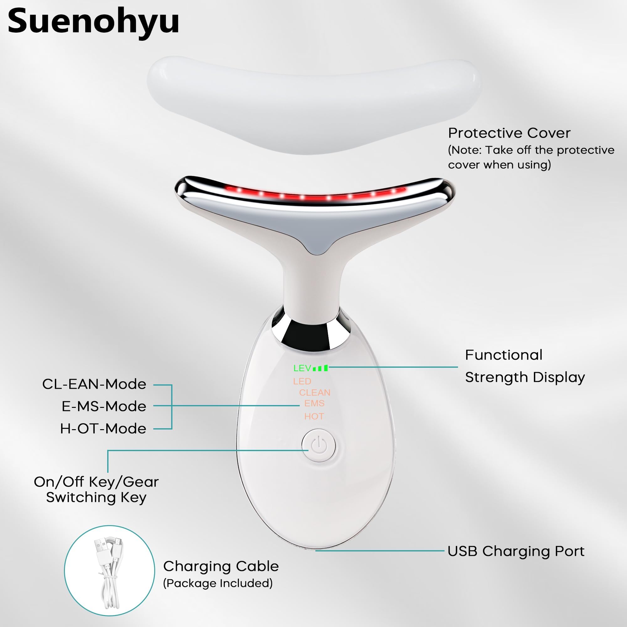 Suenohyu panel de controles mostrando botones y modos para seleccionar luz y masaje rápido