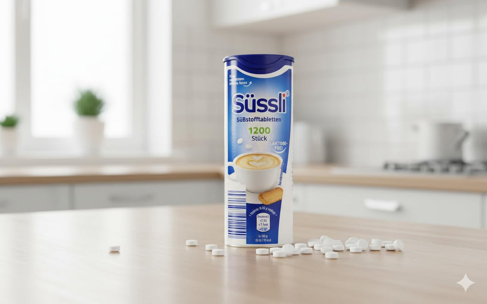 Suessli pastilla en uso sobre café indicando dosificación precisa y comodidad