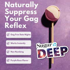 SUGAR SPLASH DEEP primer plano textura del chupetín con sabor frambuesa morada y succión prolongada