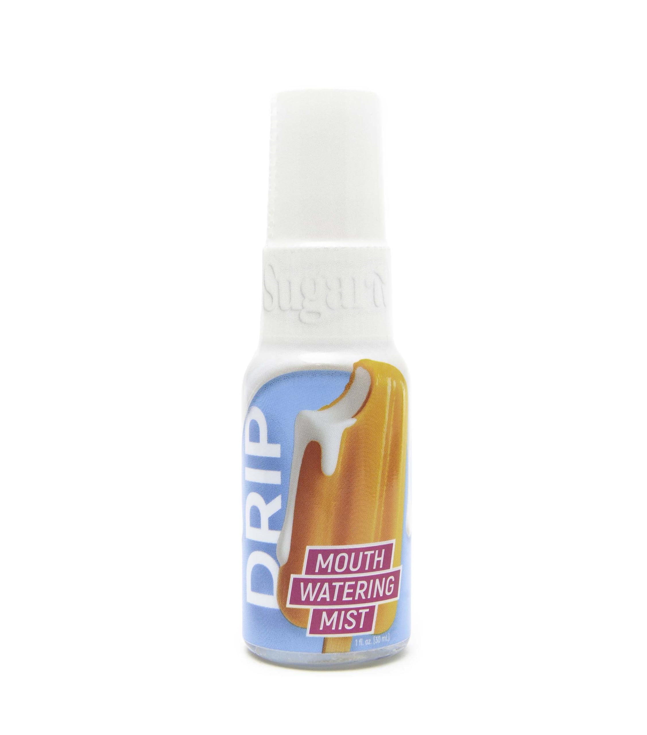 SUGAR SPLASH envase frontal del spray DRIP con etiqueta naranja cremoso beneficios inmediato