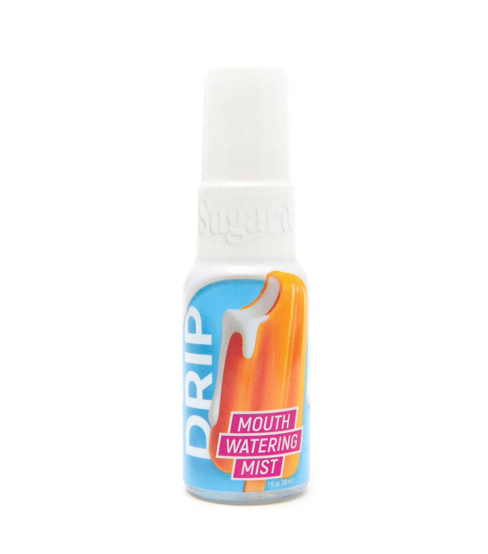 SUGAR SPLASH envase frontal del spray DRIP con etiqueta naranja cremoso beneficios inmediato