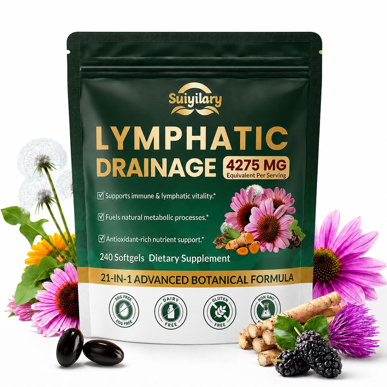 Suiyilary frasco frontal mostrando etiqueta y beneficio de soporte herbal