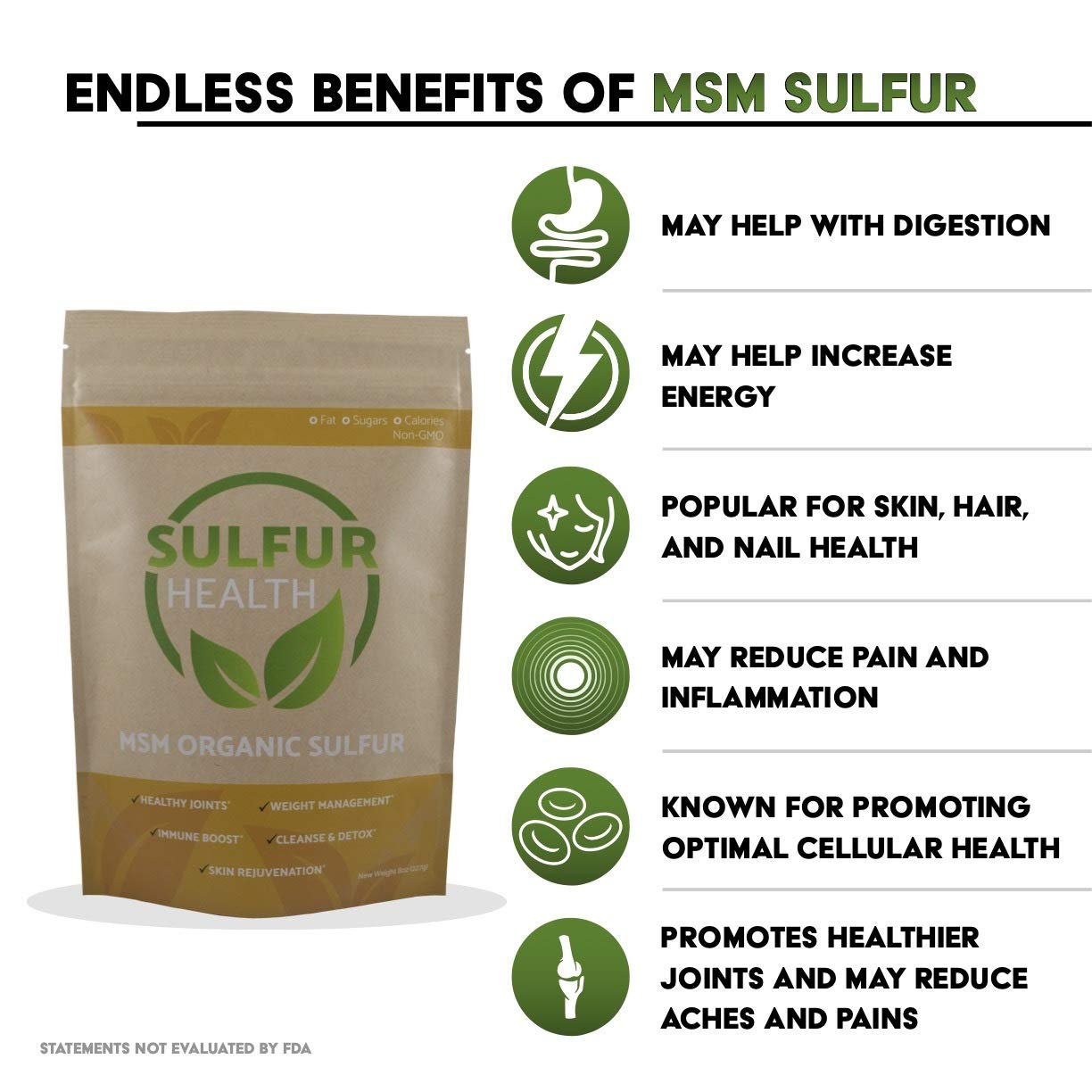 Sulfur Health envase junto a una taza para comparar tamaño