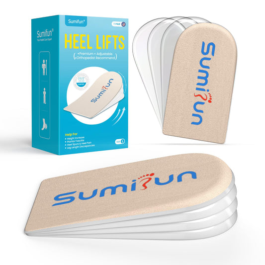 Sumifun empaque frontal mostrando alzas de talón y beneficios de ajuste