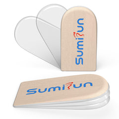 Sumifun alzas talón embalaje frontal mostrando el contenido y beneficio de ajuste personalizado