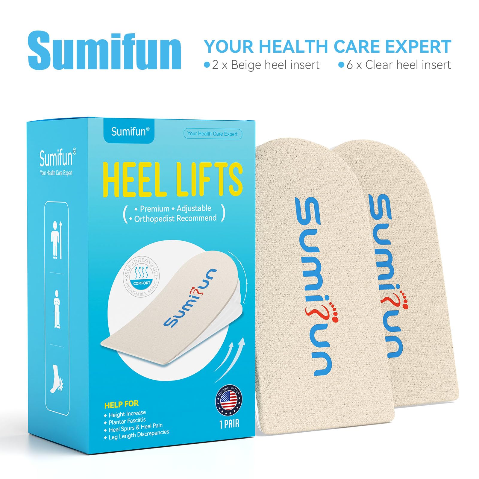 Caja beige de Sumifun abierta con alzas y manual de uso visible