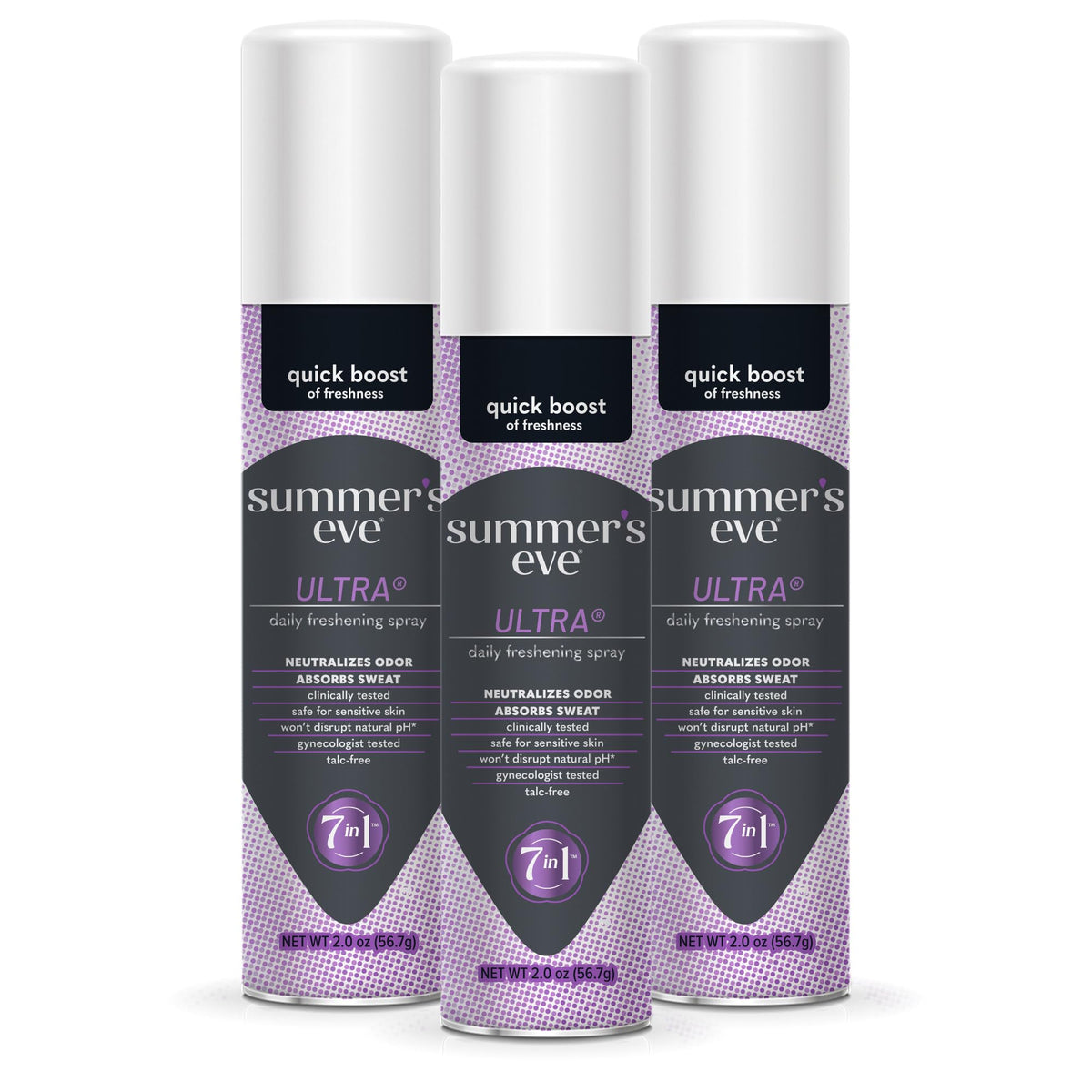Summer's Eve envase frontal mostrando el pack de 3 para transporte y frescura