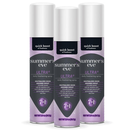 Summer's Eve envase frontal mostrando el pack de 3 para transporte y frescura
