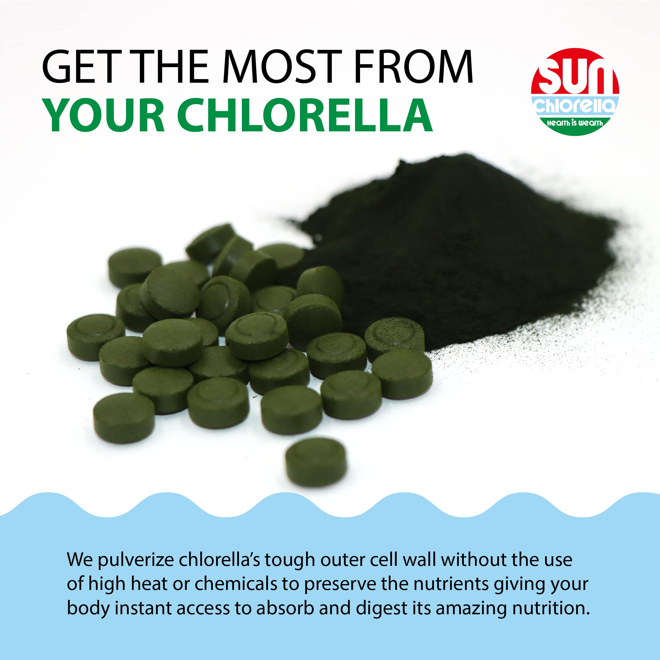 Sun Chlorella etiqueta nutricional legible con ingredientes clave