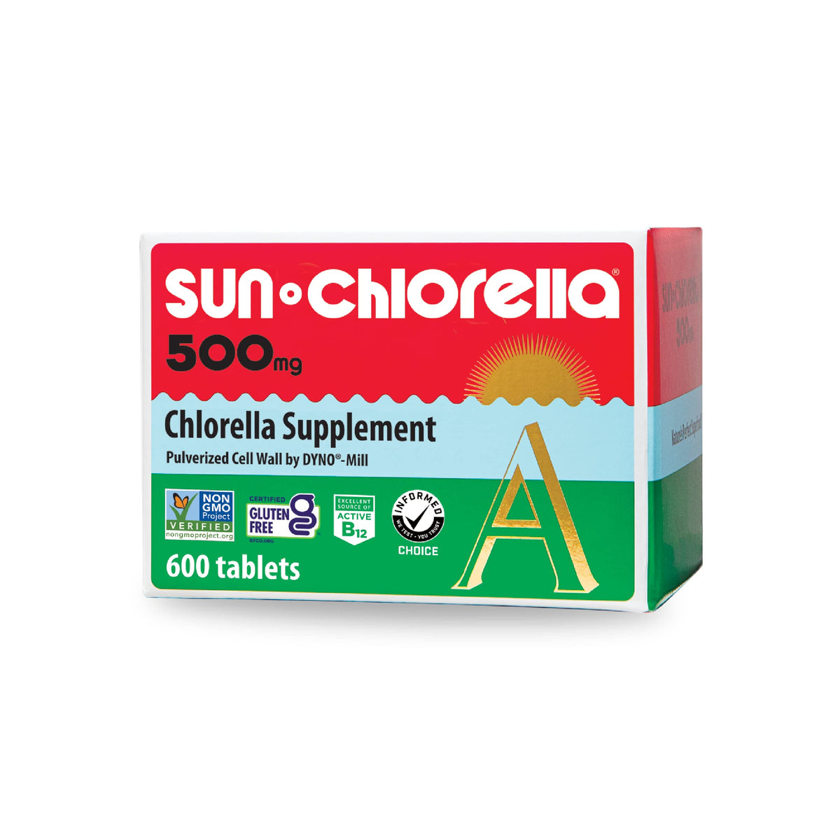 Sun Chlorella empaque frontal mostrando formato y beneficios