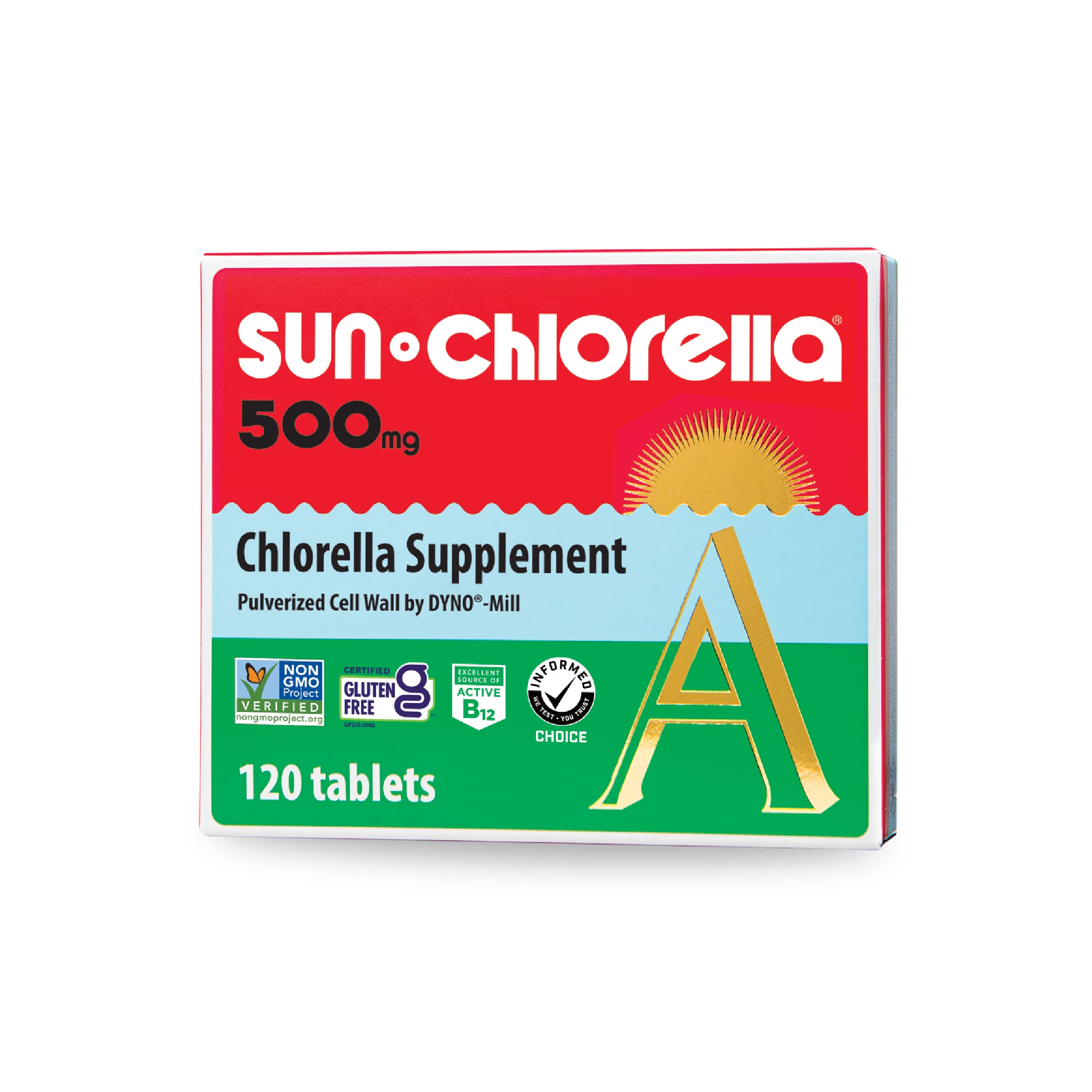 Sun Chlorella frente del empaque mostrando 120 tabletas y beneficios claros