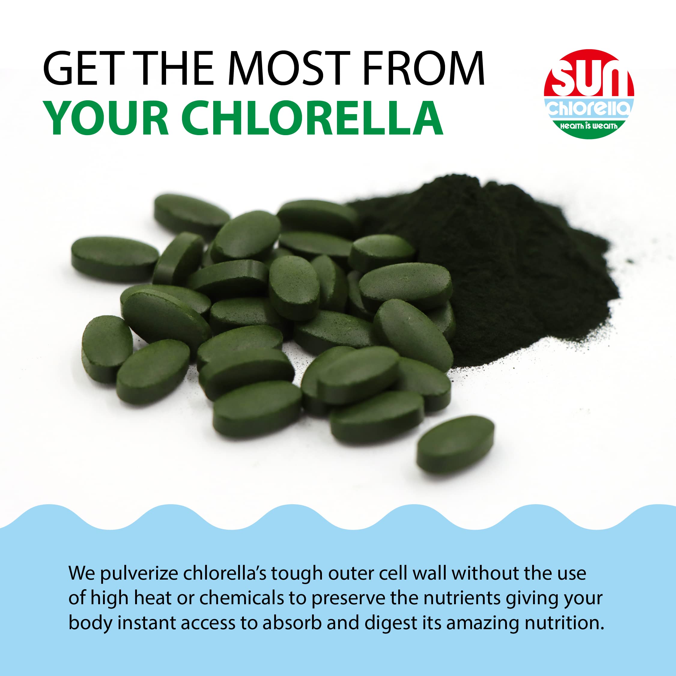 Sun Chlorella etiqueta con lista de ingredientes y certificaciones