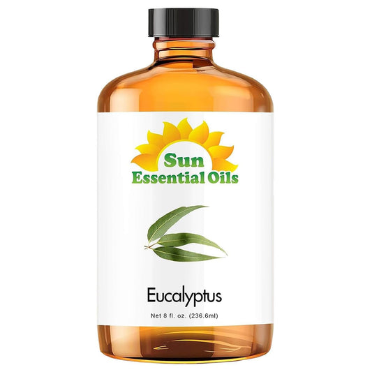 Sun Essential Oils eucalyptus oil bottle with dropper for precise application and lasting freshness.