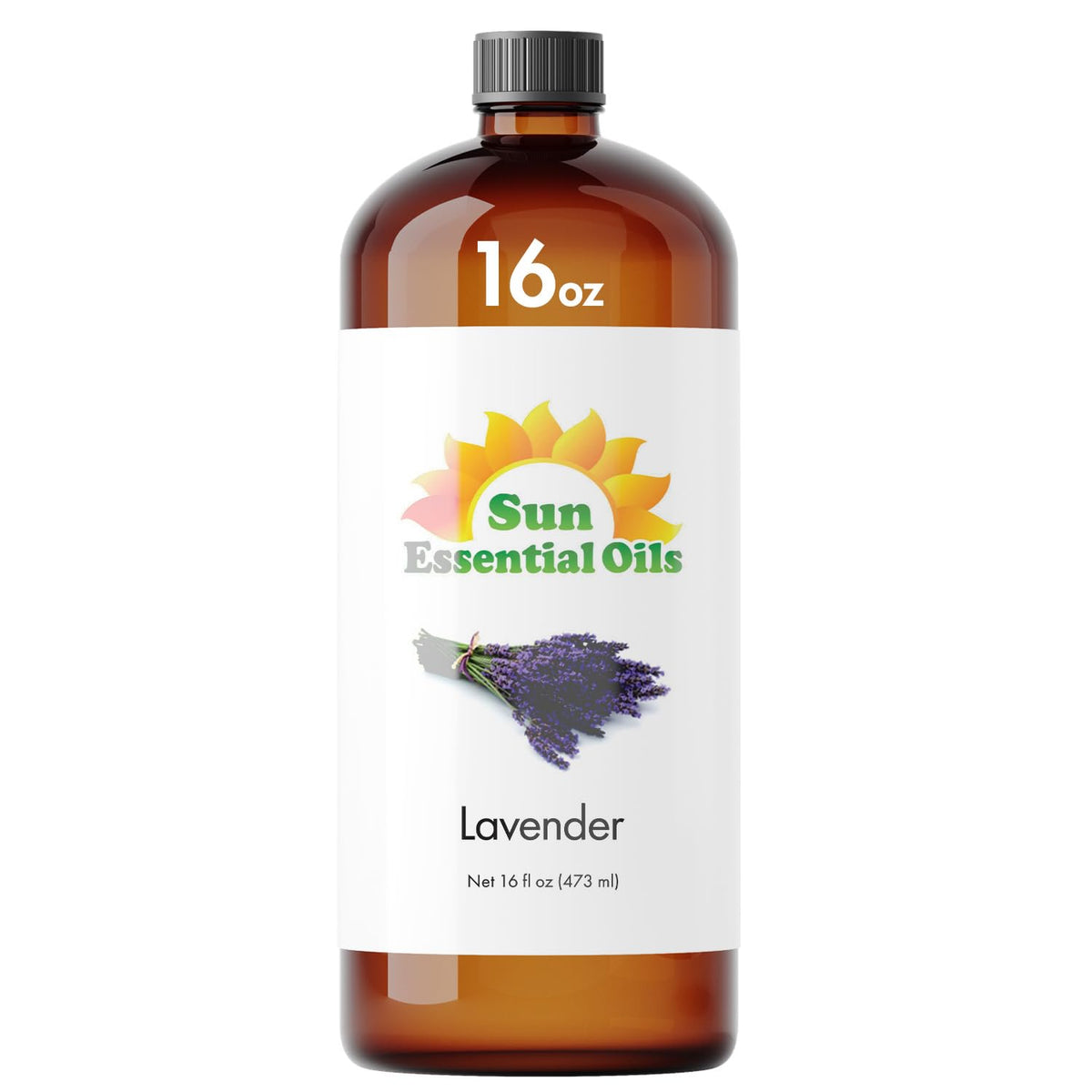 Sun Essential Oils botella ámbar frontal mostrando etiqueta y volumen 16 oz, alta conservación