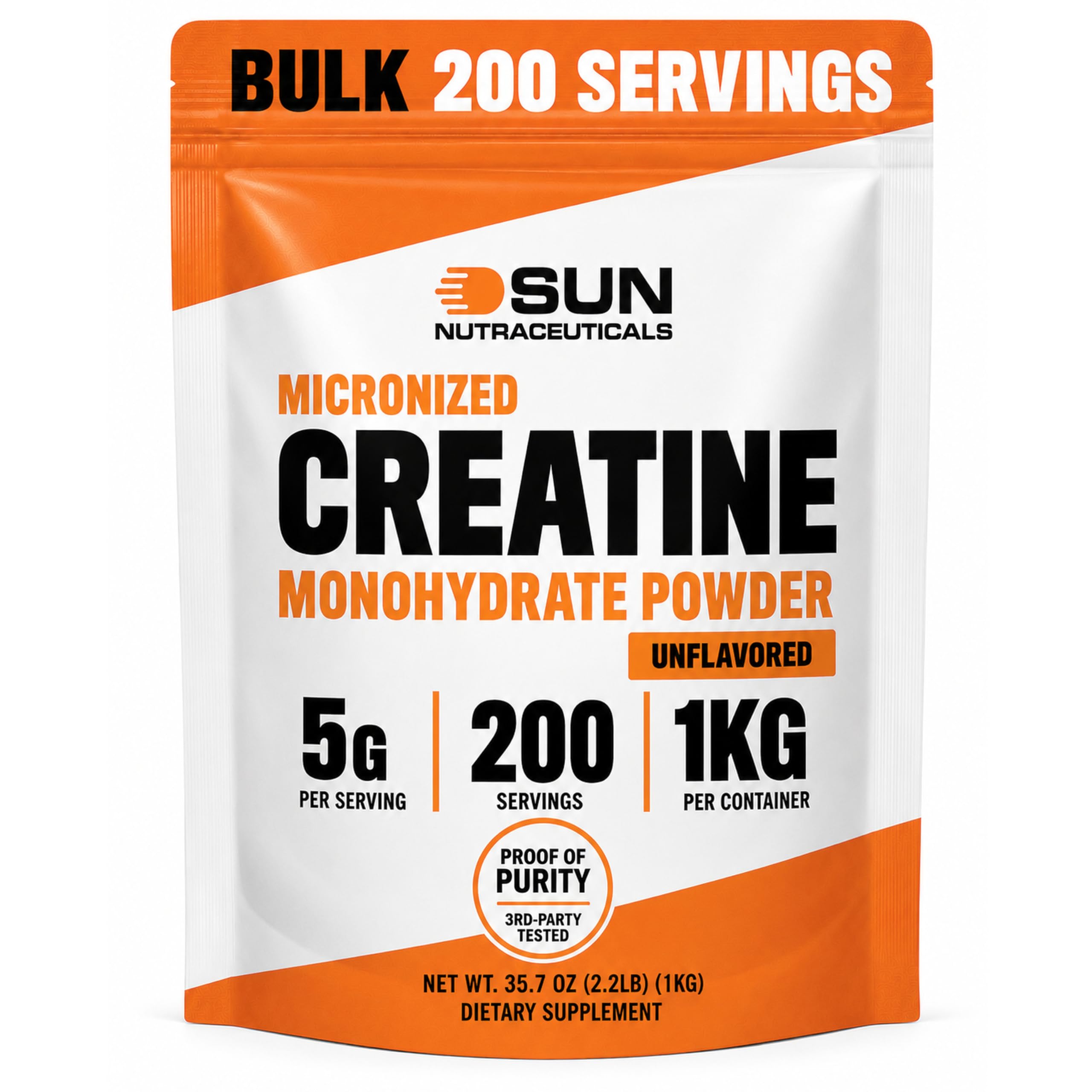 Sun Nutraceuticals envase frontal mostrando creatina 1 kg, confianza en pureza
