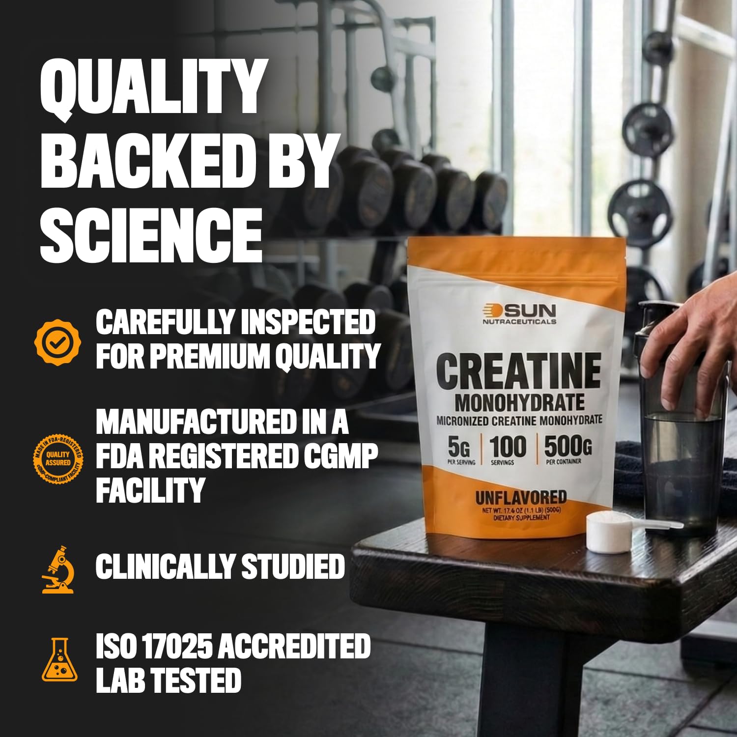 Sun Nutraceuticals suplemento junto a pesas en gimnasio, uso antes o después del entrenamiento