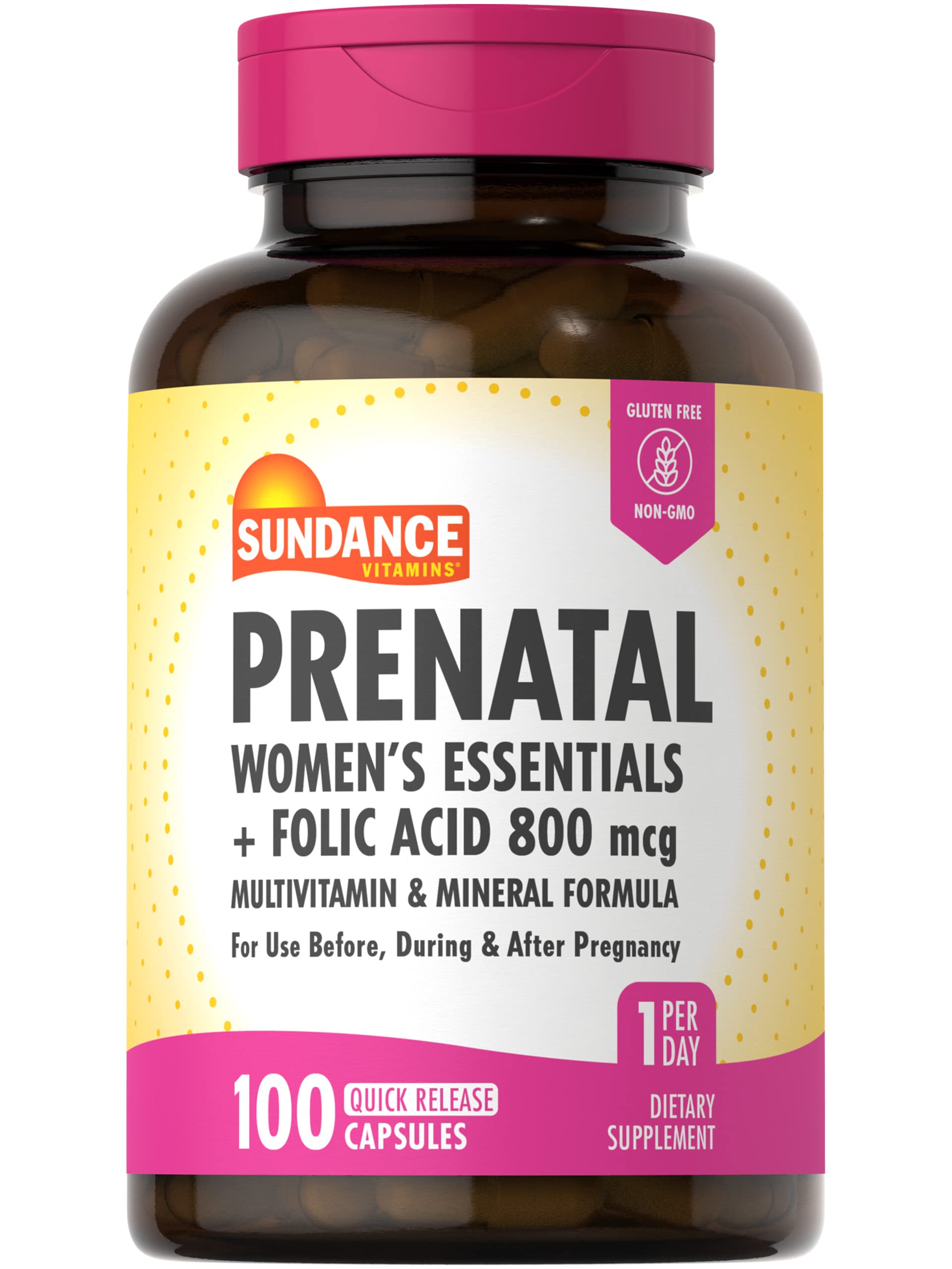 Sundance frasco frontal del suplemento prenatal mostrando diseño y conveniencia