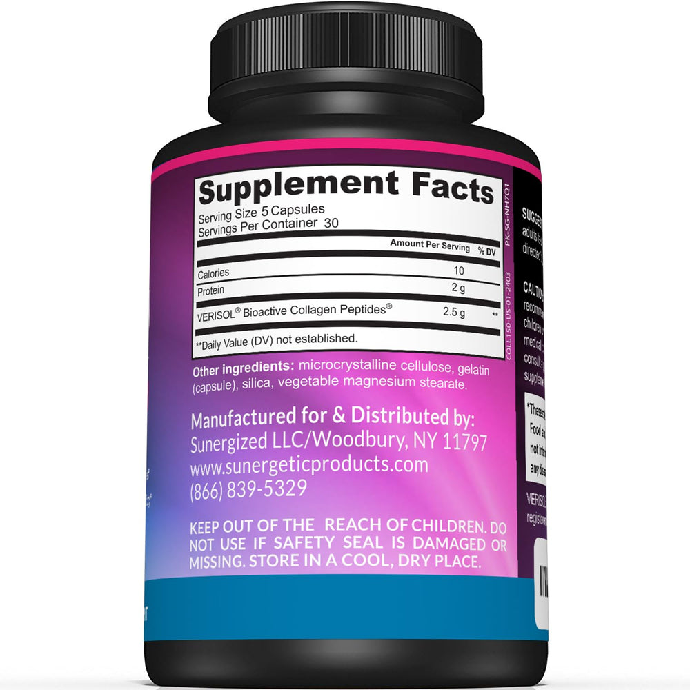 Sunergetic botella con cápsulas de colágeno para uso diario.