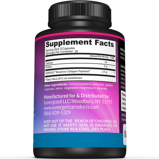 Sunergetic botella con cápsulas de colágeno para uso diario.