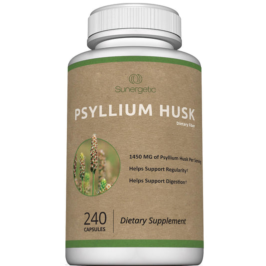 Sunergetic cápsulas de ispágula en envase, apoyo a la regularidad intestinal.