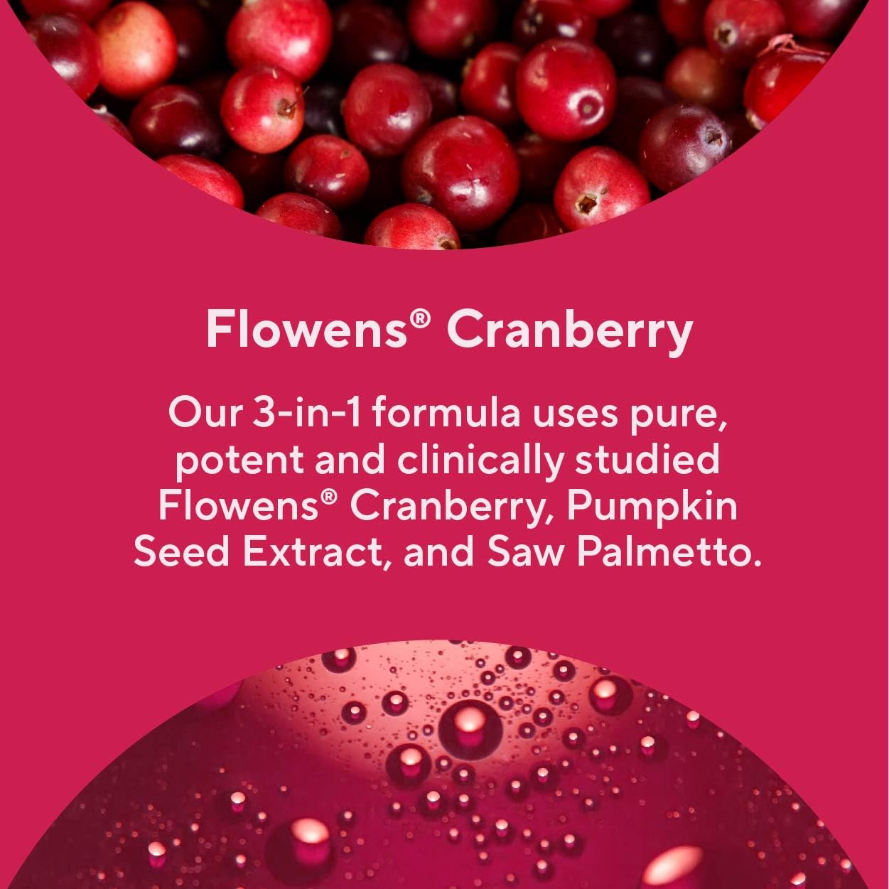Sunergetic etiqueta con ingredientes clave Flowens arándano y saw palmetto, información clara