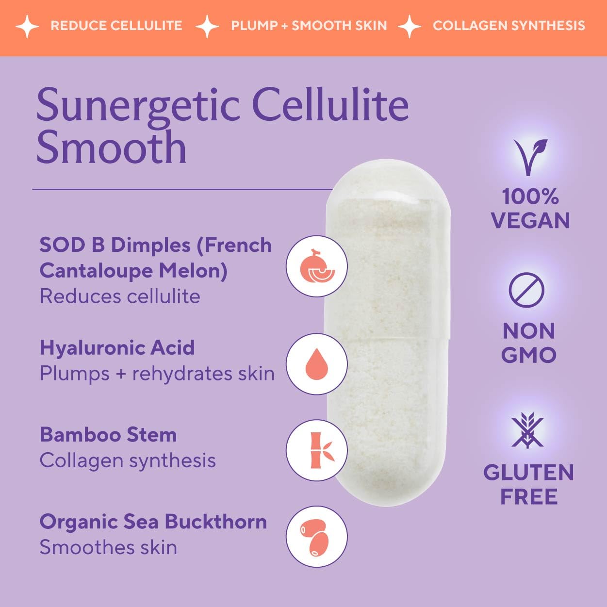 Sunergetic etiqueta con lista de composición y beneficios para la piel
