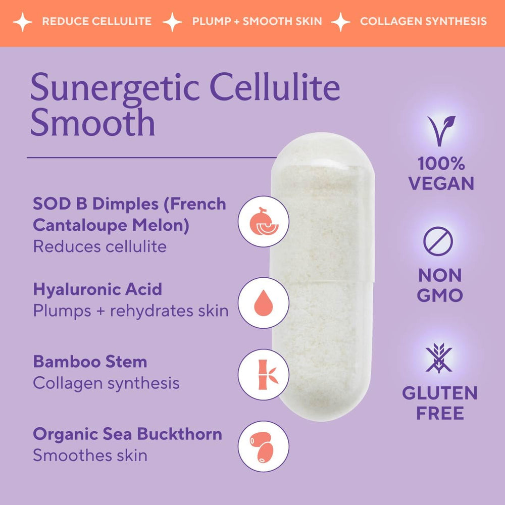 Sunergetic etiqueta con lista de composición y beneficios para la piel
