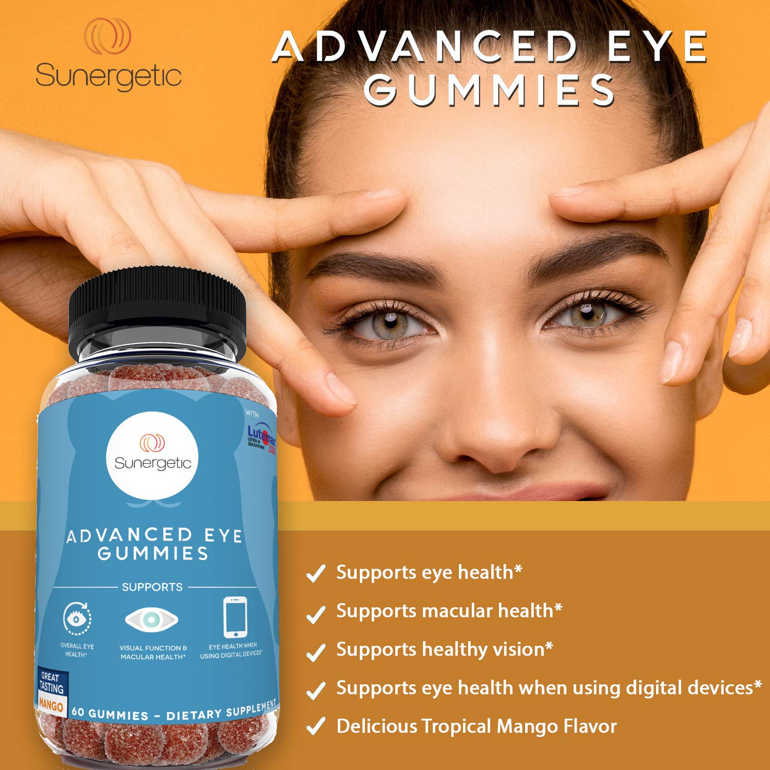 Etiqueta Sunergetic con Lutemax 2020 resaltada y lista de ingredientes beneficiosos