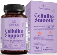 Sunergetic frente del envase mostrando diseño y 30 cápsulas para apoyo anti celulitis