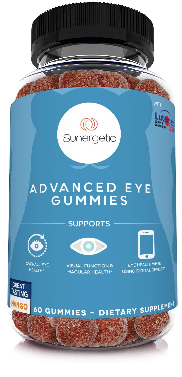 Sunergetic envase frontal de gomitas para ojos mostrando diseño y beneficio visual