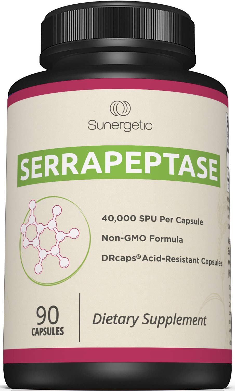 Sunergetic Serrapeptase: botella con cápsulas fáciles de tragar para apoyo potencial a la salud sinusal.