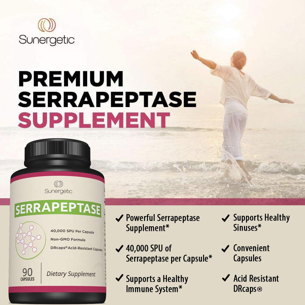 Sunergetic Serrapeptase: caja exterior que facilita el almacenamiento en casa.