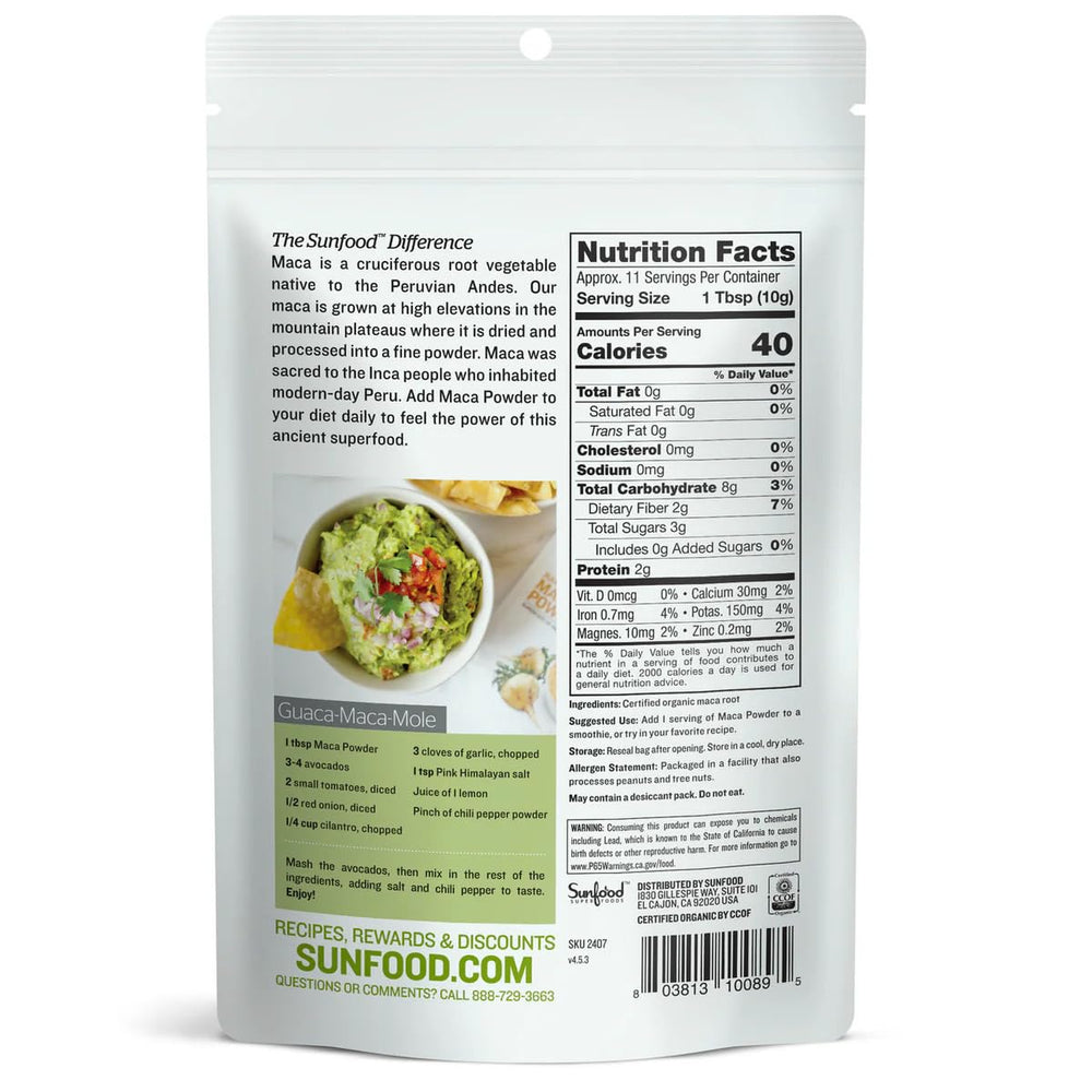 Sunfood Superfoods maca servido en batido saludable visualizando uso diario