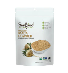 Sunfood Superfoods maca envase frontal muestra etiqueta y beneficio orgánico