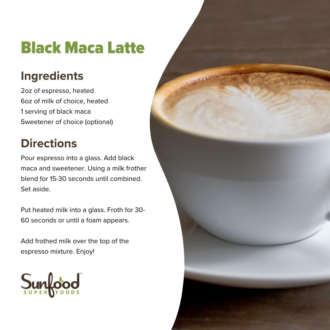 Sunfood Superfoods maca negra tamaño comparación con mano, bolsa compacta y portátil