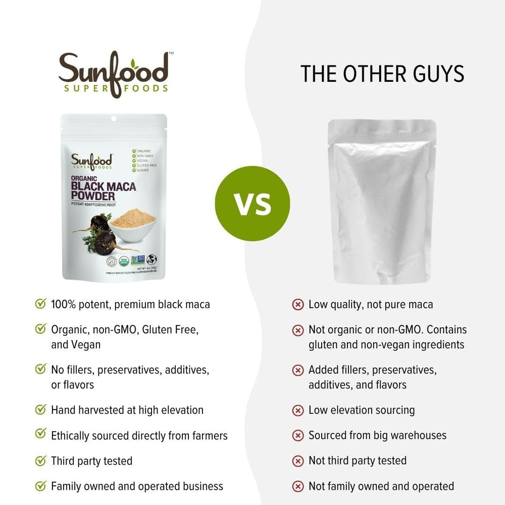 Sunfood Superfoods maca negra etiqueta con certificaciones, orgánica y vegana