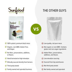 Sunfood Superfoods maca negra etiqueta con certificaciones, orgánica y vegana