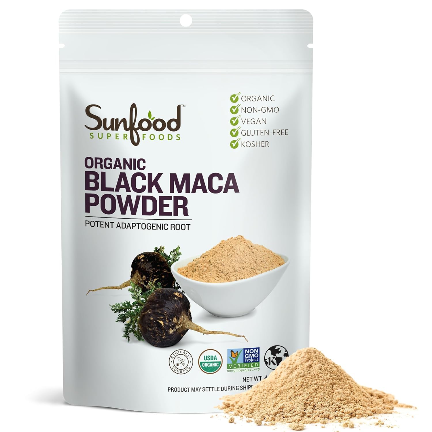 Sunfood Superfoods maca negra frente del empaque, presentación clara y práctica