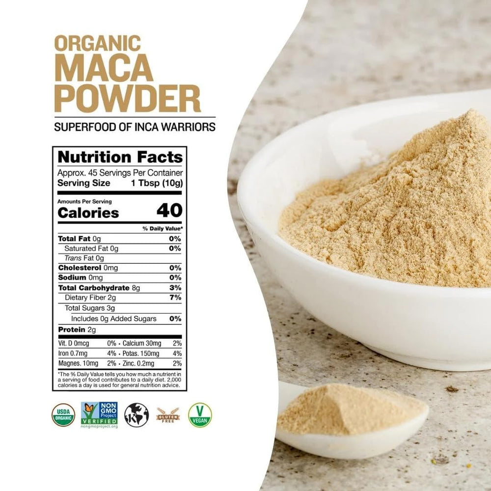 Sunfood Superfoods maca detalle del polvo fino resaltando pureza y textura