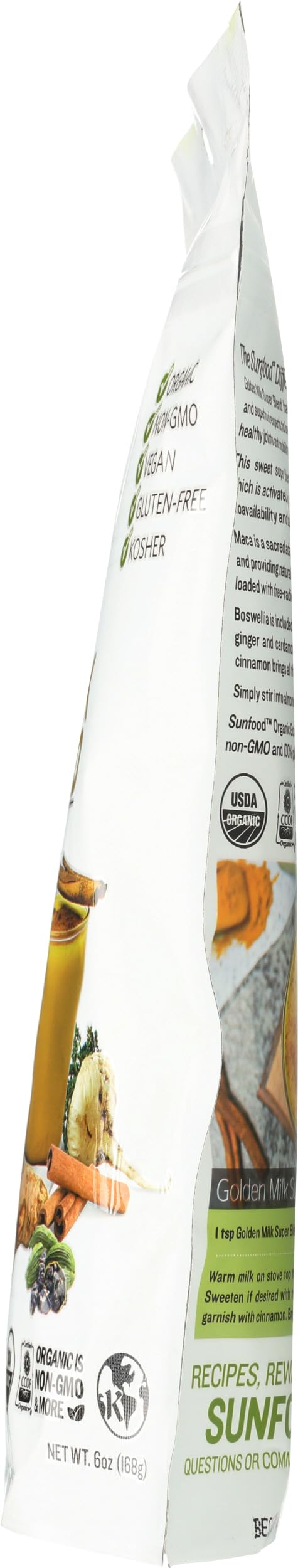 Comparación de tamaño del envase de Sunfood Superfoods junto a una taza, muestra escala práctica