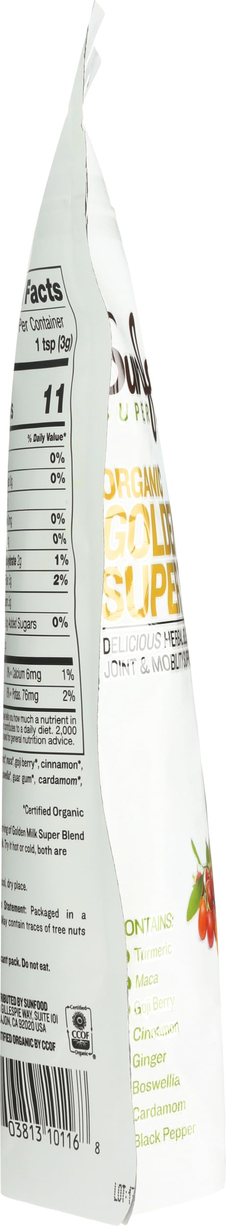 Primer plano de etiqueta con certificaciones USDA Organic y Non-GMO en Sunfood Superfoods, garantiza calidad