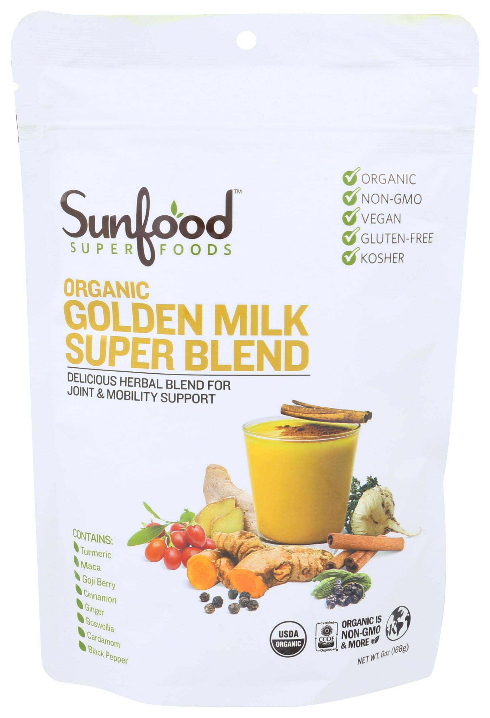 Sunfood Superfoods envase frontal mostrando etiqueta y diseño, aporta confianza de compra