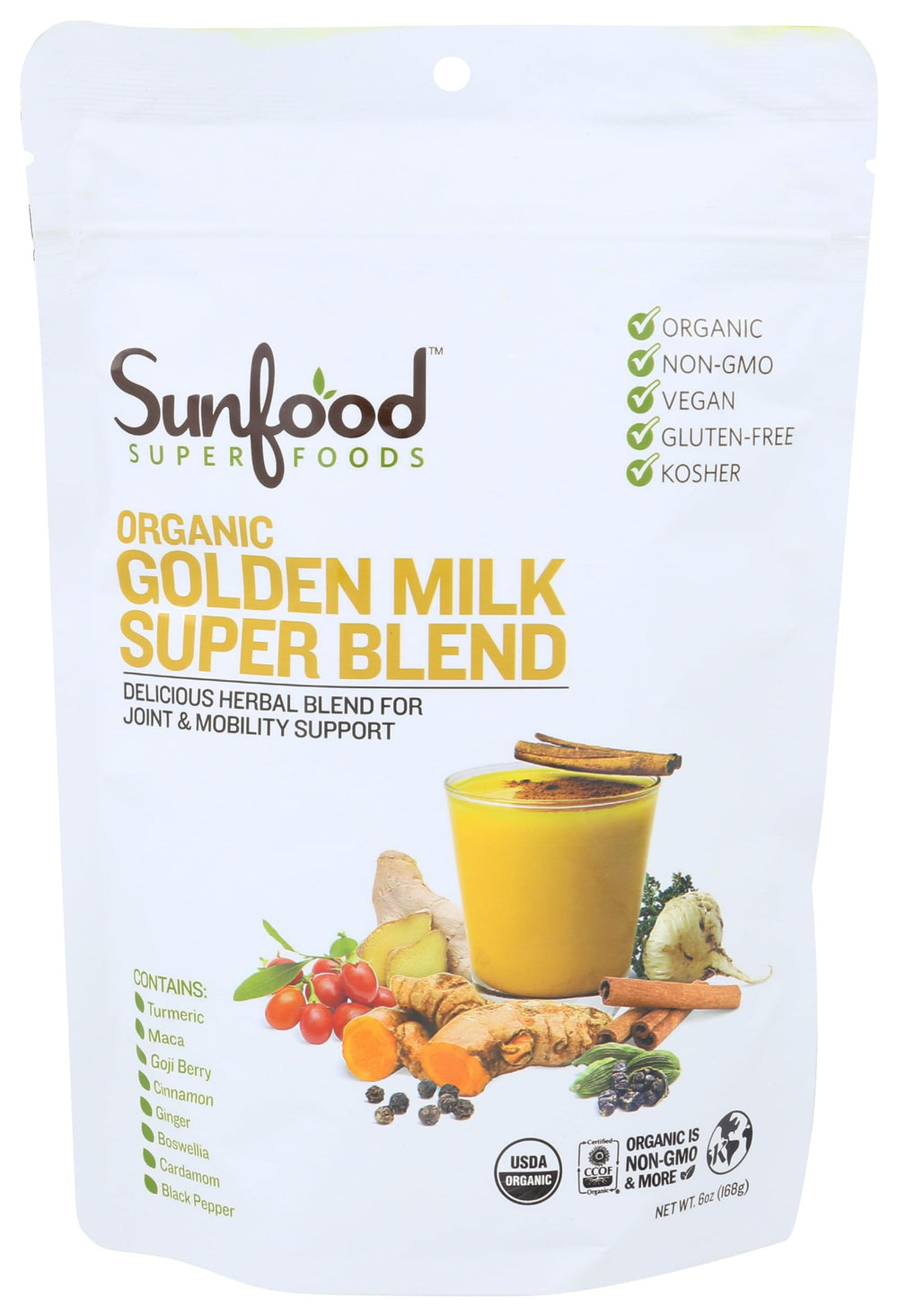 Sunfood Superfoods envase frontal mostrando etiqueta y diseño, aporta confianza de compra