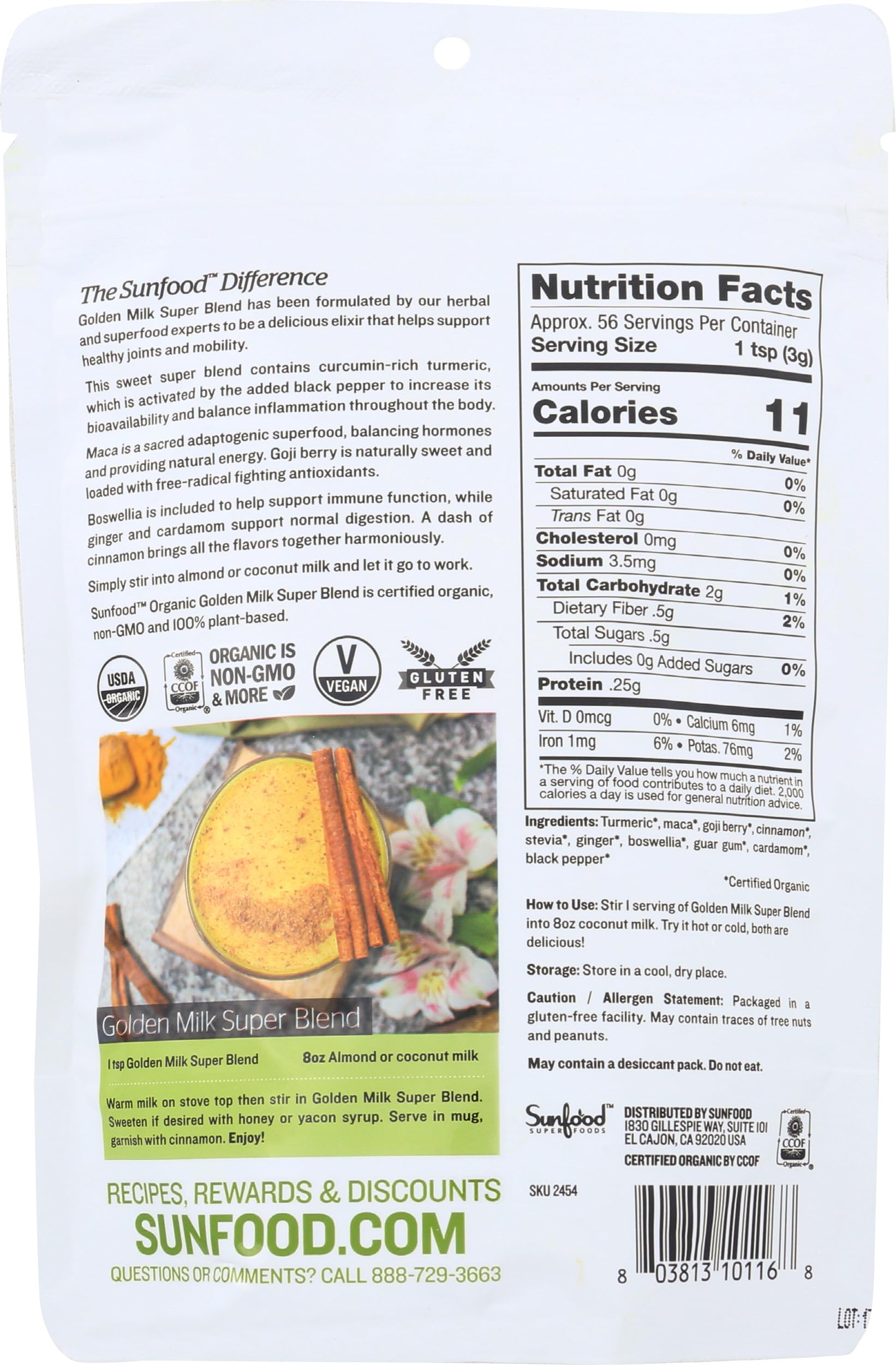 Detalle de textura en polvo de Sunfood Superfoods, revela mezcla fina y fácil disolución